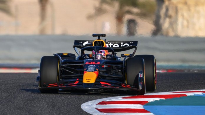 Red Bull’s RB21 seen on track in Bahrain